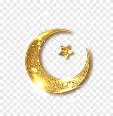 Ramadan decoration isolated. Gold shiny glitter glowing half moon with star isolated. Crescent Islamic for Ramadan Kareem design element. Vector illustration