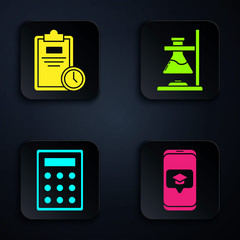 Sticker - Set Graduation cap on screen smartphone, Exam sheet with clock, Calculator and Glass test tube flask on fire. Black square button. Vector