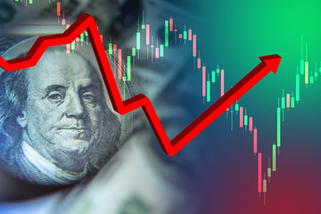 Rebound. Financial sector. Temporary recovery after the crisis. Franklin portrait as a symbol of the finance exchange. Several graphs show the beginning of growth. Rebound after the collapse. Trading