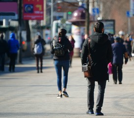 Poster - crowd of people walking on city street