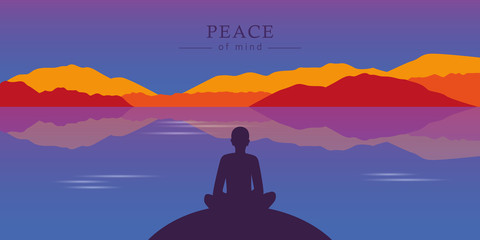 Wall Mural - meditation silhouette at beautiful lake and mountain autumn landscape background vector illustration EPS10