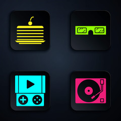 Poster - Set Vinyl player with a vinyl disk, Cake, Portable video game console and 3D cinema glasses. Black square button. Vector