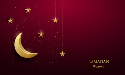 Shiny golden crescent and shiny stars on dark red background or the occasion of Muslim celebrate Ramadan Kareem. Vector greeting banner.