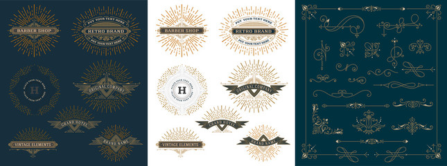 Wall Mural - set of design labels, banners and floral ornaments
