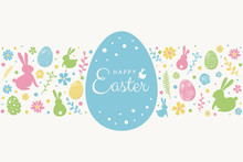 Easter Greeting Card With Colourful Bunnies, Eggs And Flowers. Vector