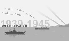 World War II 1939-1945 Black And White Vector Illustration. Battlefield Scene Monochrome Icon.