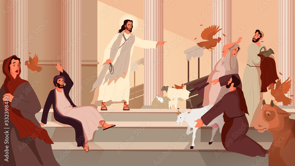 Bible narratives about the Cleansing of the Temple. Jesus expelling - obrazy, fototapety, plakaty 