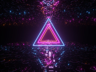 Wall Mural - Techology Concept Neon Glowing Purple Blue. Vibrant Sci Fi Futuristic Construction Triangle