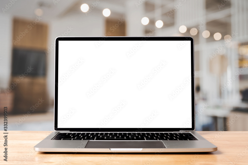 Laptop blank screen on wood table with coffee cafe background, mockup, template for your text, Clipping paths included for background and device screen - obrazy, fototapety, plakaty 