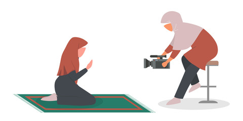 Canvas Print - Muslim TV journalist or news reporter. Character with camera shooting