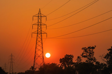 Canvas Print - silhouette high voltage electric pillars pylon on sunset time