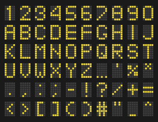 Timetable green alphabet template. Led display uppercase letters, lectronic board, numbers and symbols. Vector digital font. Airport schedule style typeface