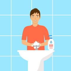 A man washing his hands in the sink concept vector illustration front view. Washing hands under faucet with soap and water. Virus and bacteria prevention healthcare in flat design.