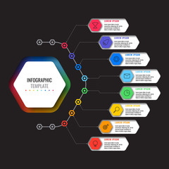 business infographic template with eight realistic hexagonal elements with thin line icons on black background. modern diagram with geometric holes in paper. vector visualisation for presentations