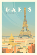 The Eiffel Tower, Trees. Time To Travel. Around The World. Quality Vector Poster. France.