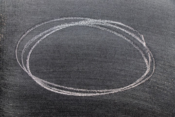 White color chalk hand drawing in circle or oval shape on black board background