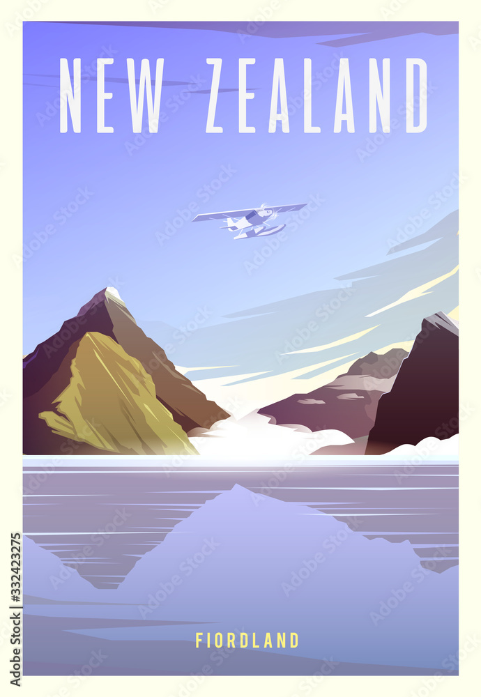 Time to travel. Around the world. Quality vector poster. National park Fiordland. - obrazy, fototapety, plakaty 