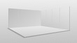 Blank display exhibition. Empty square event stand. White wall and floor. Isolated trade showroom vector mockup. Interior tradeshow, showing mockup area illustration