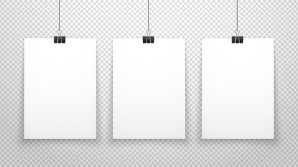 Wall Mural - Paper poster. White blanks sheets hanging on wall. Three posters template isolated on transparent background. Vector clean mockup. Blank paper poster, showing collection gallery mockup illustration