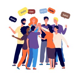 Wall Mural - Meeting international friends. Students from different countries together greet native language. Worldwide company employees business meet vector illustration. Meeting international group partner