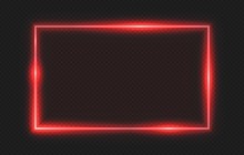 Red Neon Frame. Lighting Banner On Transparent Background. Isolated Glow Border Vector Illustration. Border Light Glowing, Bright Frame Red