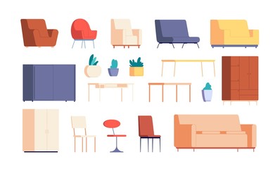 Sticker - Living room furniture. Home interior creation constructor. Decor elements, couch, desk and armchairs. Isolated apartment design vector set. Furniture interior room, home apartment living illustration