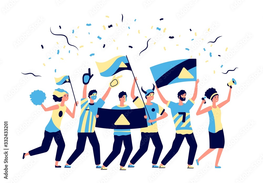 Sport fans. Adults football lovers, cheering with soccer team. Men women, fanatic crowd with flags. Active team support vector illustration. Football fan soccer, cheering shouting, cheer championship - obrazy, fototapety, plakaty 