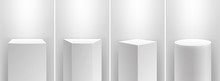 Museum Stage. Realistic Cubes Podium, 3d Exhibit Displays. Gallery Geometric Blank Product Stands. Spotlight Illuminates Pedestal Vector Set. Realistic Podium Museum, Blank Pedestal Box Illustration