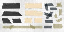 Adhesive Tape. Scotch Strips, Packaging Stickers. Isolated Realistic Black Beige Sellotape Patch. Colorful Bands Vector Set. Tape Adhesive, Sticky Scotch, Torn Strip Illustration