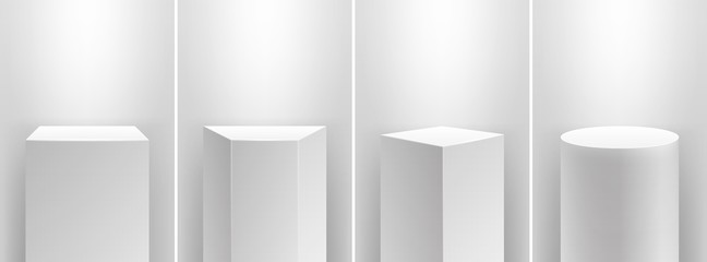 museum stage. realistic cubes podium, 3d exhibit displays. gallery geometric blank product stands. s