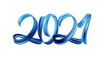 Blue Brushstroke Acrylic Paint Lettering Calligraphy Of 2021 On White Background. Happy New Year
