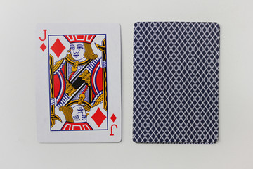 Wall Mural - Playing cards deck isolated on white empty background. A jack or knave tiles playing card close up top view 