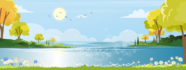 Panoramic of spring village with lake view and mountains with blue sky,Vector cartoon Spring landscape, Panorama countryside in the morning in summer with bright light from sun and reflection on water