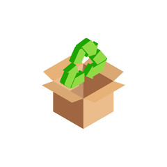 Isometric green International recycling symbol, 3d waste processing icon in open cardboard box isolated on white. Package sign recyclable concept. Vector Illustration design, infographic, web, app, ad