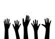 © simpleblues - Hands up vector illustration in black color. Raised hands vector concept. Volunteering charity, party, votes, donation, team, help, friendship. Isolated on white background