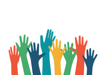 Hands Up Vector Illustration With Different Skin Color. Raised Hands Vector Concept. Volunteering Charity, Party, Votes, Donation, Team, Help, Friendship. Isolated On White Background