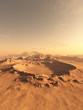 Impact crater in the mountains of a desert landscape or alien planet, 3d digitally rendered illustration
