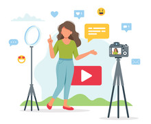 Female Video Blogger Recording Video With Camera And Light. Different Social Media Icons. Cute Vector Illustration In Flat Style