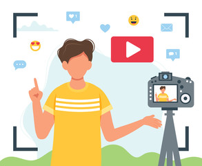 Wall Mural - video blogger recording video with camera. different social media icons. cute vector illustration in