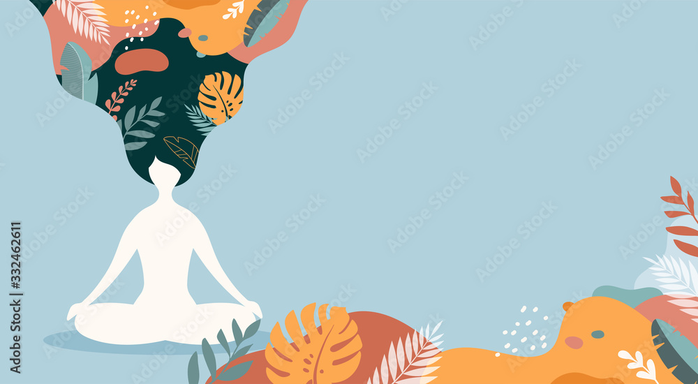 Coping with stress and anxiety with mindfulness, meditation and yoga. Vector background in pastel vintage colors with a woman sitting cross-legged and meditating. Vector illustration - obrazy, fototapety, plakaty 