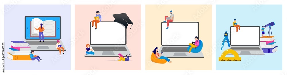 E-learning, online education at home. Modern vector illustration concepts for website and mobile website development - obrazy, fototapety, plakaty 