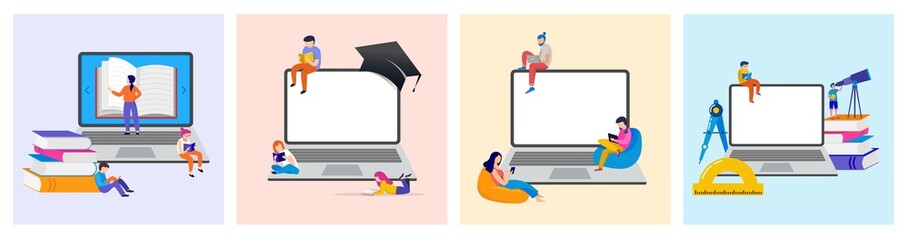 E-learning, online education at home. Modern vector illustration concepts for website and mobile website development