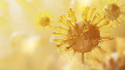 Super closeup Coronavirus COVID-19 in human lung body background. Science microbiology concept. Yellow Corona virus outbreak epidemic. Medical health virology infection research. 3D illustration