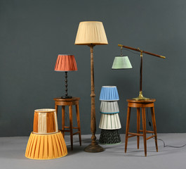 collection of colorful pleated vintage lampshades
