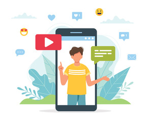 Wall Mural - male video blogger on smartphone screen. cute vector illustration in flat style