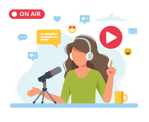 Wall Mural - female podcaster talking to microphone recording podcast in studio. vector illustration in flat styl