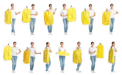 Wall Mural - Collage of woman holding hanger with clothes on white background. Dry-cleaning service