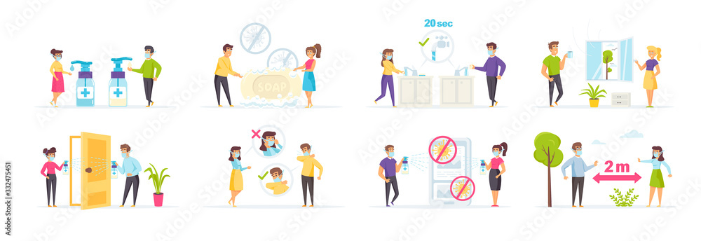 Coronavirus protection and prevention efforts vector illustration. Self-isolation, quarantine, disinfection, personal hygiene, use of antiseptics and safety masks, keeping distance, hand washing scene - obrazy, fototapety, plakaty 