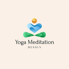 Yoga or meditation center concept logo. Vector illustration with  abstract silhouette of man sitting with crossed legs, putting hands to pray and meditating. Sun, water, earth signs. 