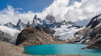 Wall Mural - Zoom in time lapse view of Mount Fitz Roy and Laguna de los Tres in El Chalten, Patagonia Argentina, South America.